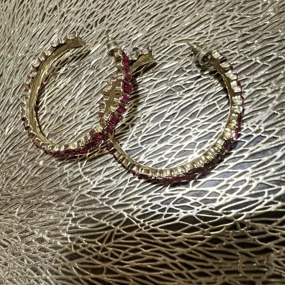 New Hot Pink Baguette Hoops gold plated 1.5 inch